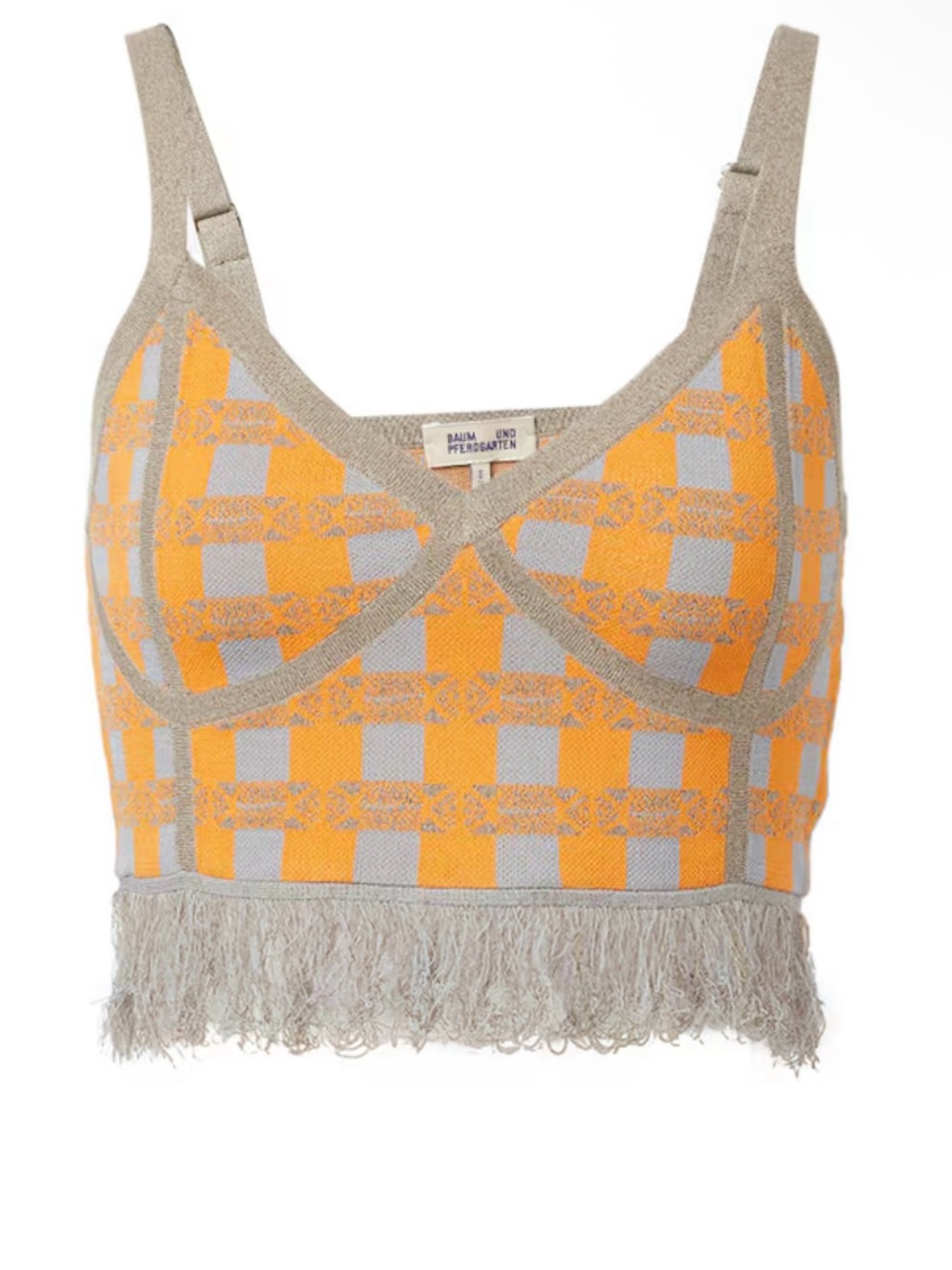 Fringe Hem Checkered Knit Bralette in Orange and Gray
